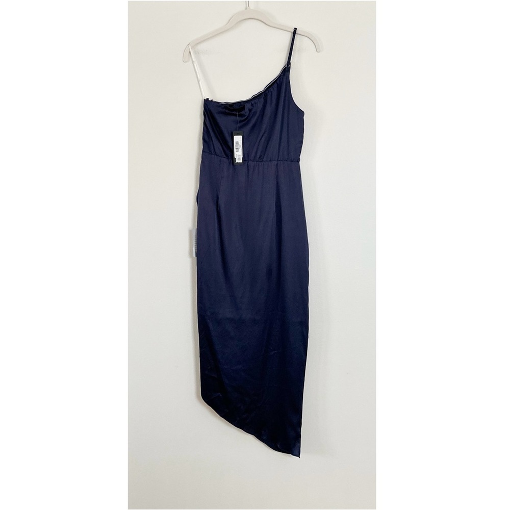 Lulus Law of Attraction One Shoulder Satin Dress Navy Blue Size Small NWT - Picture 6 of 6